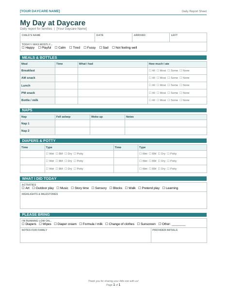 Sample page: Classic daily report sheet